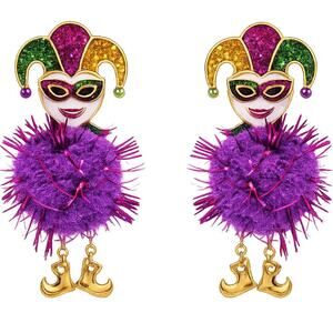 Mardi Gras Jester Pom Pom Earrings | Glitter Enamel | Statement Drop